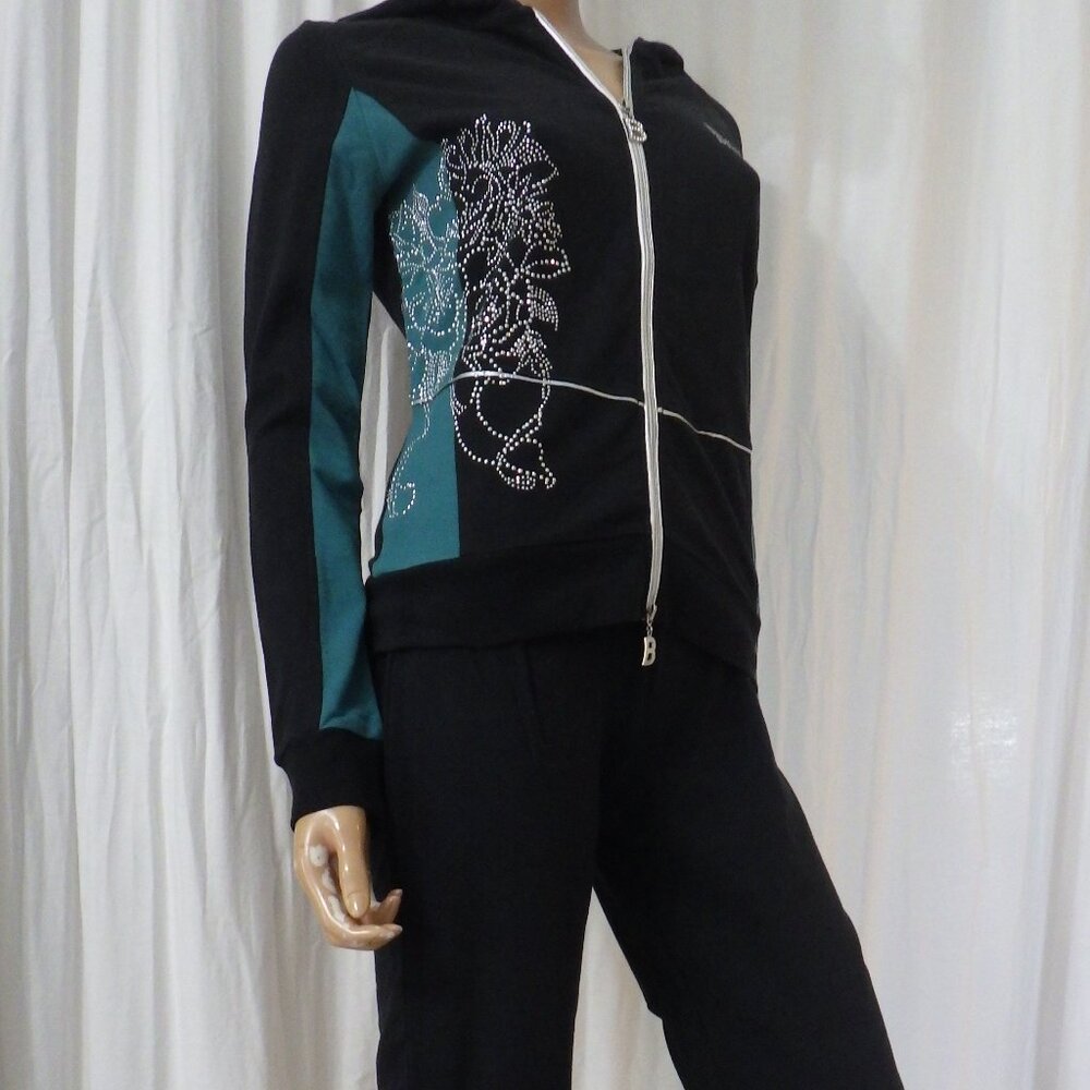 NWT BCBG sz SMALL MED LG XL 95% cotton TEAL BLK COLORBLOCK STUDDED 2PC TRACKSUIT